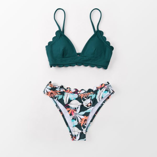 Cute Green Floral Scalloped Bikini Sets Women Swimsuit